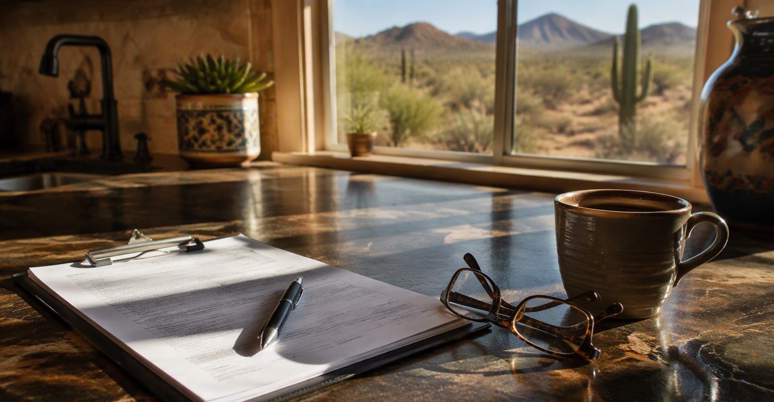 Clipboard with claim paperwork, a pen, reading glasses and a coffee cup on a sunlit kitchen counter