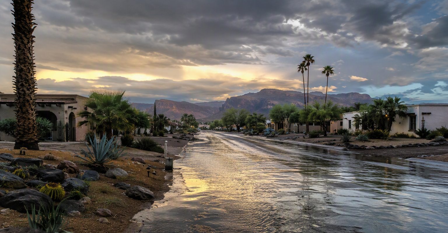 Monsoon runoff sheeting across a desert street between stucco houses, dark clouds parting over distant mesas