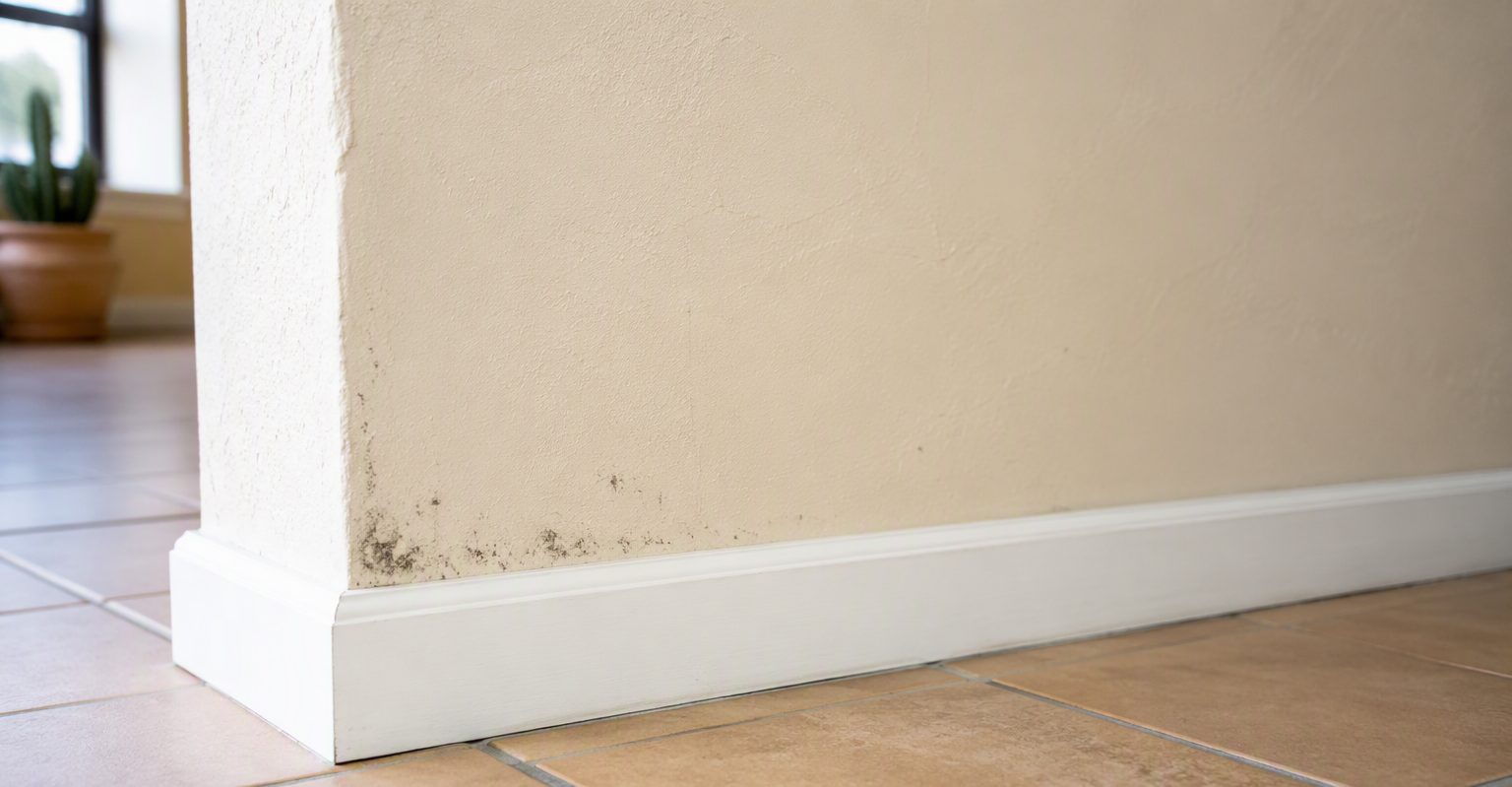 Bottom corner of a cream drywall wall and baseboard with a few subtle dark spots near the floor line