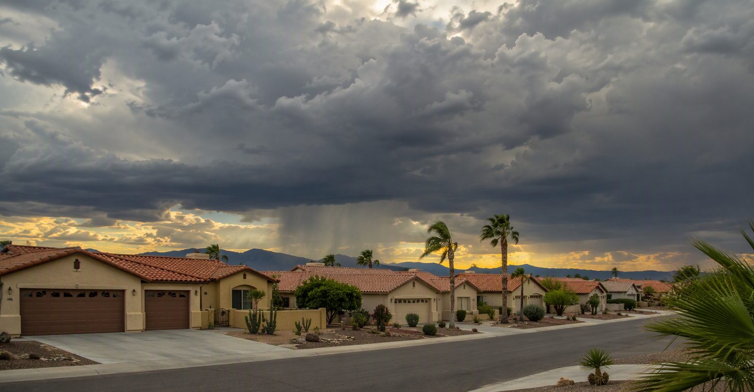 Towering dark monsoon cloud with a rain shaft over desert mountains above stucco tile-roof homes