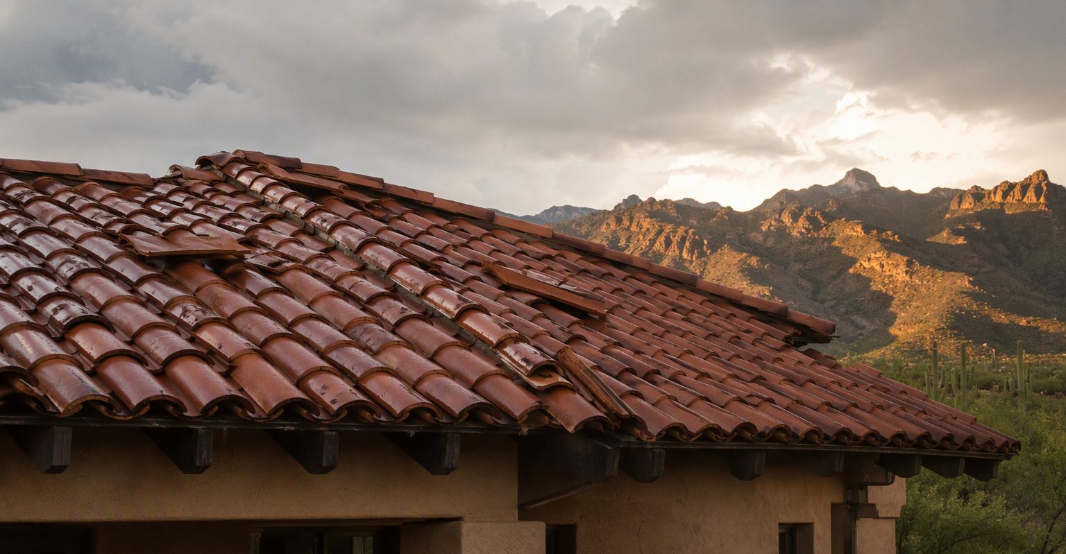 Terracotta barrel-tile roof with a few displaced tiles under a clearing storm sky, wet tiles glistening
