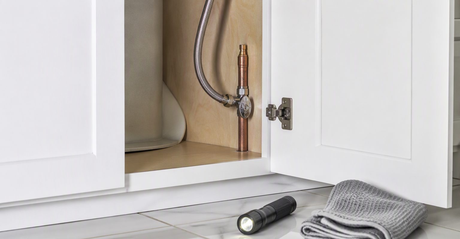 Open under-sink cabinet showing a braided stainless supply line and shutoff valve, flashlight and towel beside