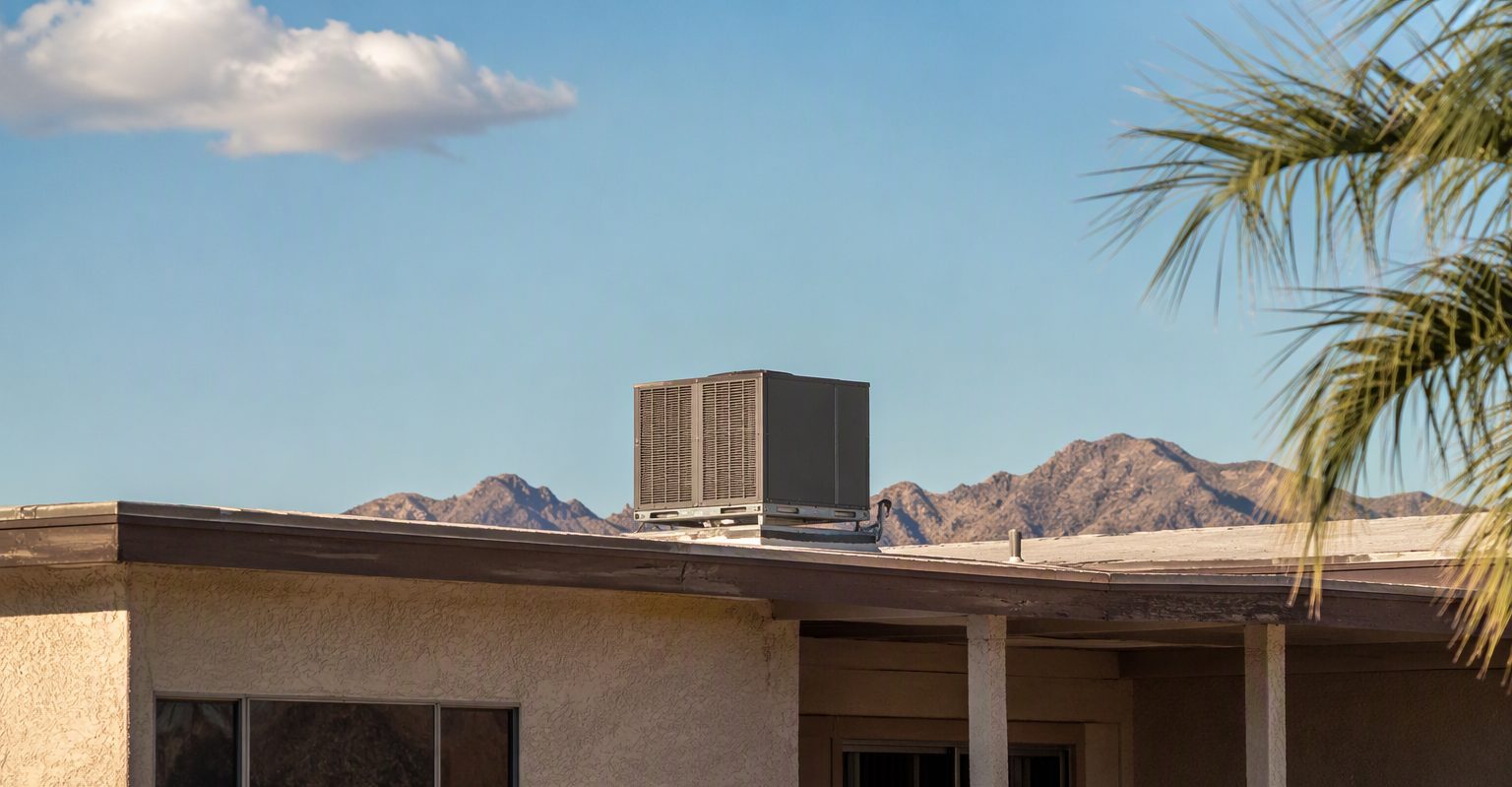 Closed evaporative swamp cooler unit on the flat roof of a stucco ranch home under a clear desert sky